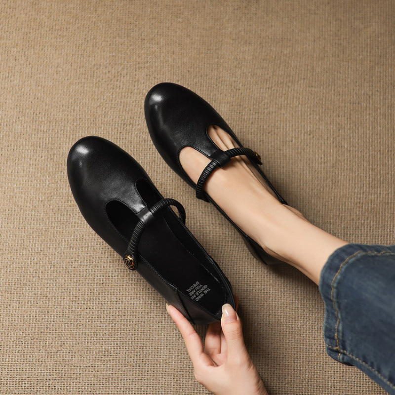 法式复古T字带玛丽珍女鞋通勤百搭黑色小皮鞋真皮平底单鞋女秋季