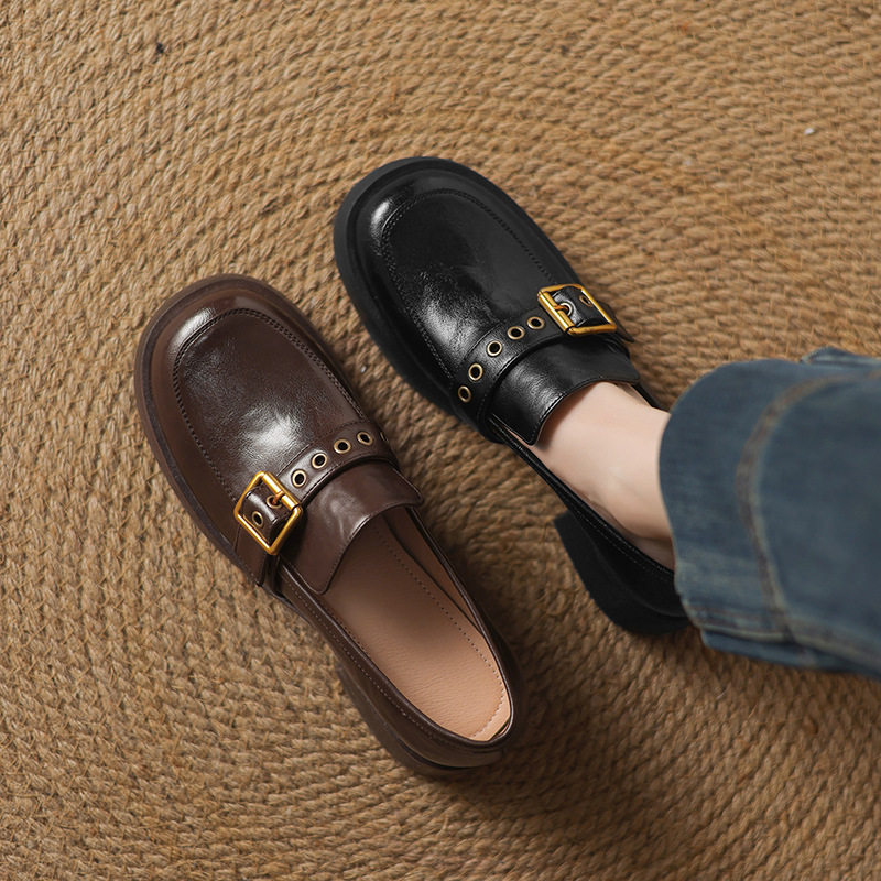 英伦风皮带扣乐福鞋女2025新款真皮圆头深口单鞋百搭中跟小皮鞋,女鞋,马丁靴,淘宝优惠券,粉丝福利购,淘宝优惠卷