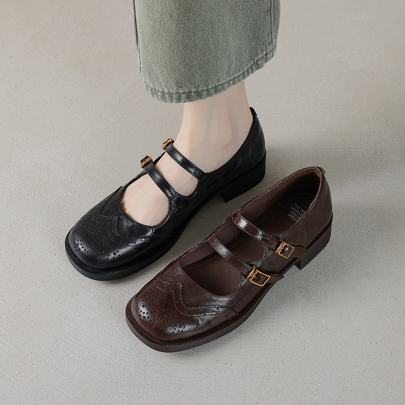 2025新款布洛克真皮单鞋女英伦风粗跟小皮鞋百搭双扣带玛丽珍女鞋