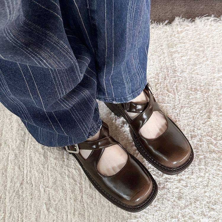 法式复古擦色方头交叉扣带时尚小皮鞋2025春季里外全皮厚底单鞋女,女鞋,马丁靴,淘宝优惠券,粉丝福利购,淘宝优惠卷