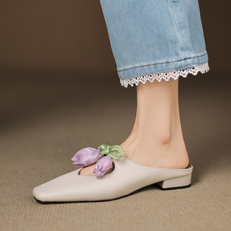 真皮粗跟方头半拖仙女外穿绝美百搭凉拖鞋花朵舒适软底懒人穆勒鞋