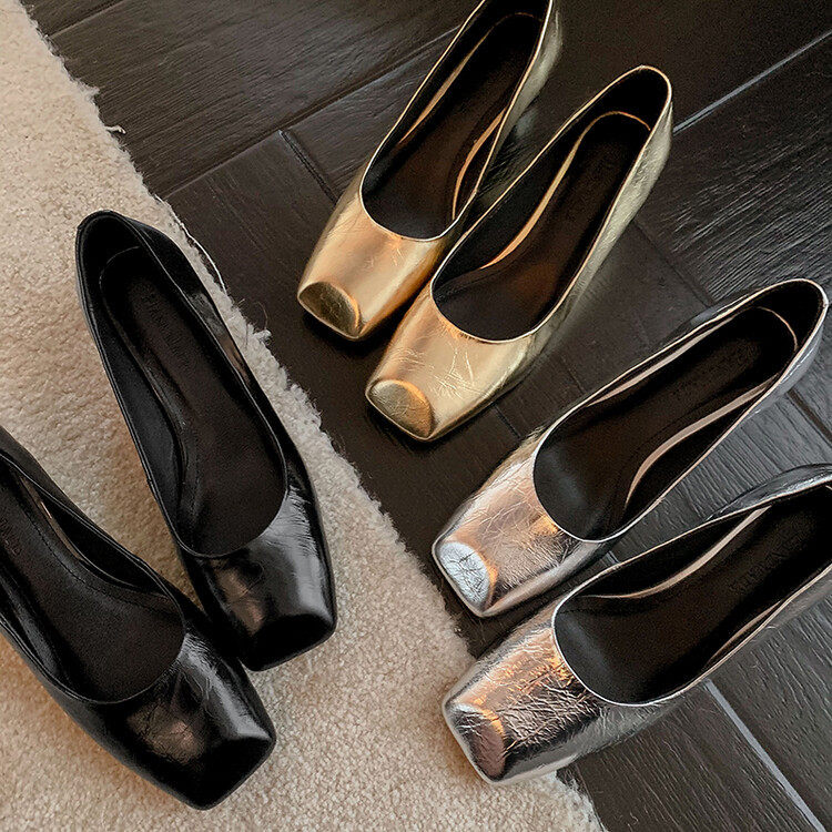 春夏新款粗中跟鞋气质百搭方头单鞋金色银色浅口通勤工作女鞋