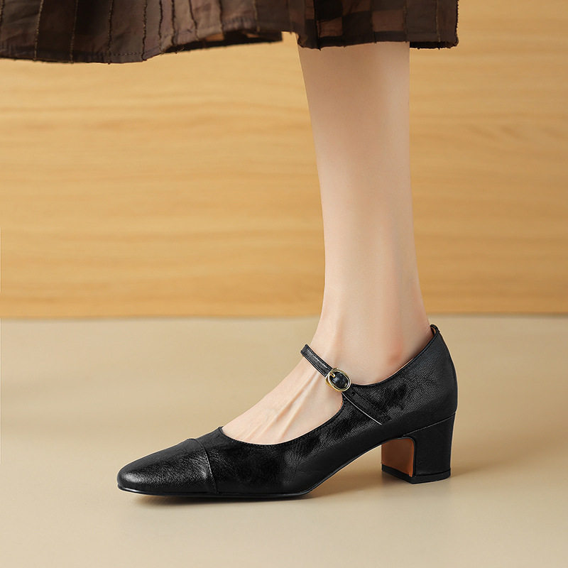 法式复古一字带玛丽珍鞋女春秋羊皮气质方头中粗跟单鞋软皮小皮鞋,女鞋,马丁靴,淘宝优惠券,粉丝福利购,淘宝优惠卷