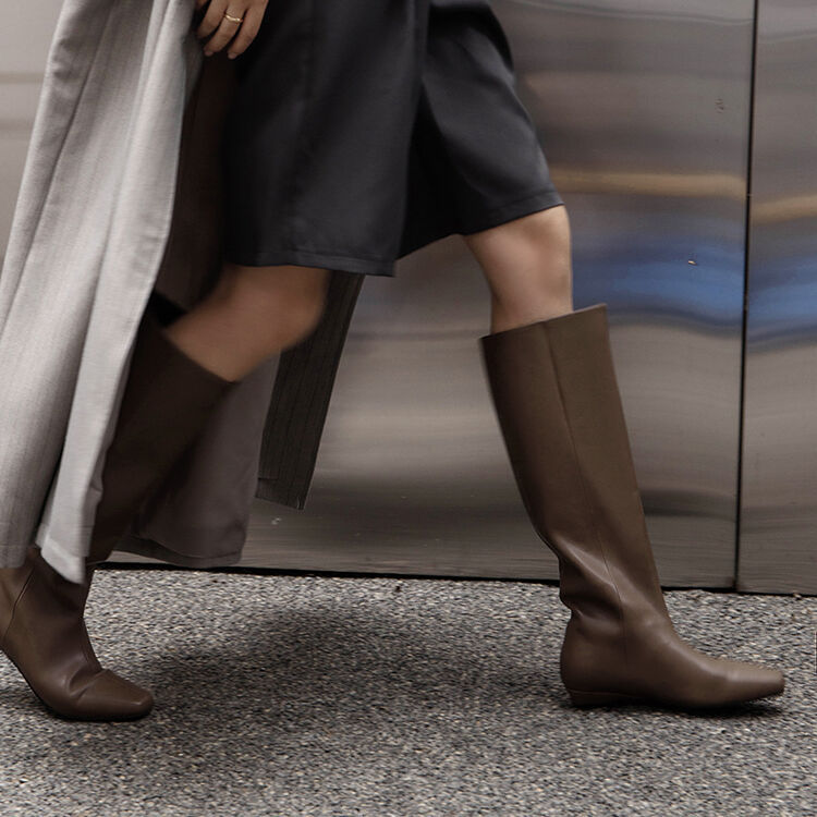 靴子长筒靴女修饰腿型真皮法式方头低坡跟棕色高筒骑士靴气质百搭