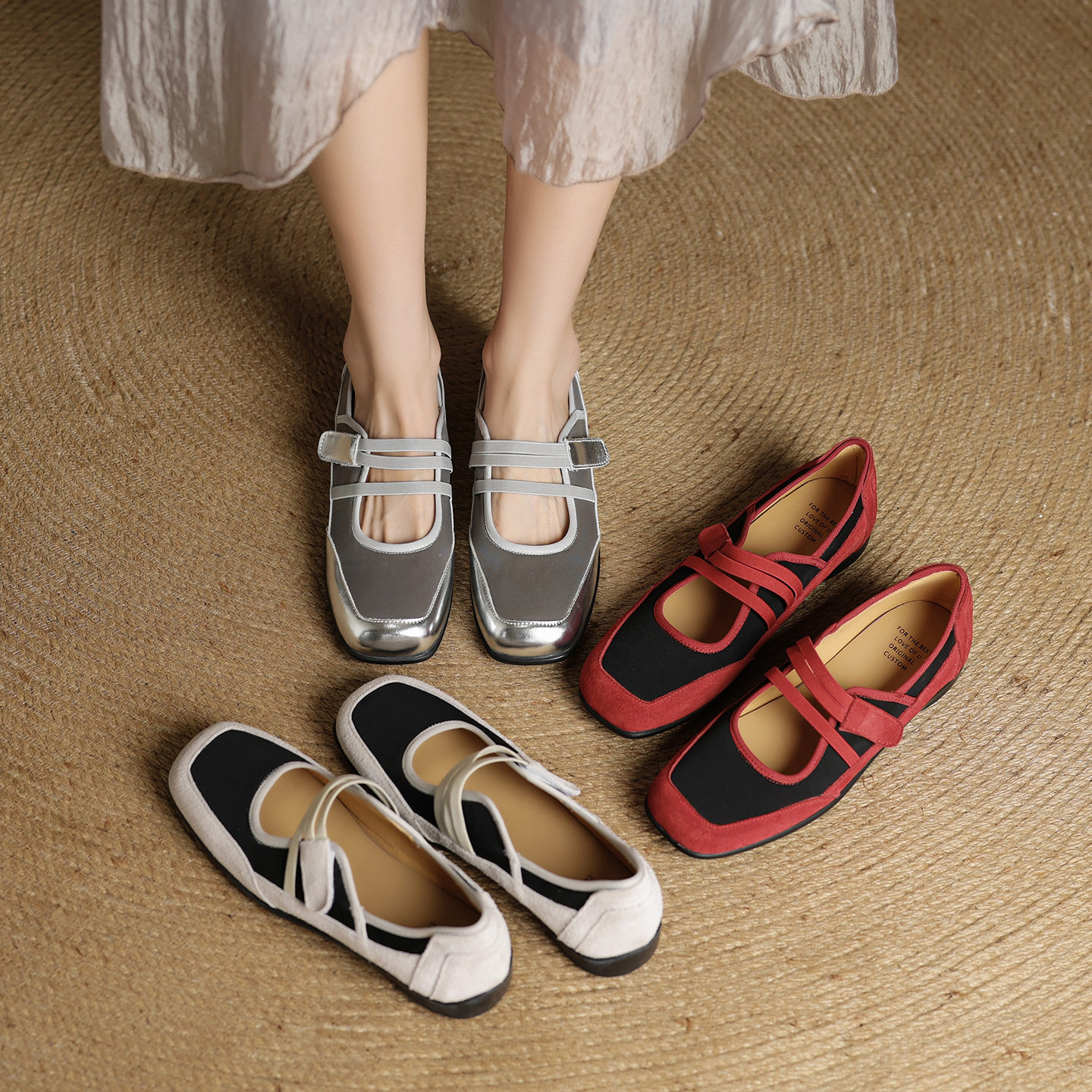 新品磨砂圆头浅口魔术贴玛丽珍单鞋女2025新款拼色厚底芭蕾舞气质