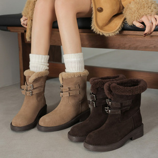 女士耐穿加绒厚时尚 2025年秋冬圆头粗跟中跟短筒短靴子磨砂雪地靴