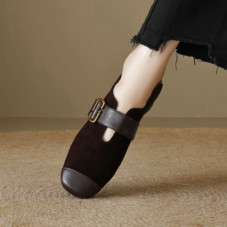 3.5cm粗跟皮带扣小皮鞋大码40414243法式羊翻皮方头玛丽珍单鞋女~