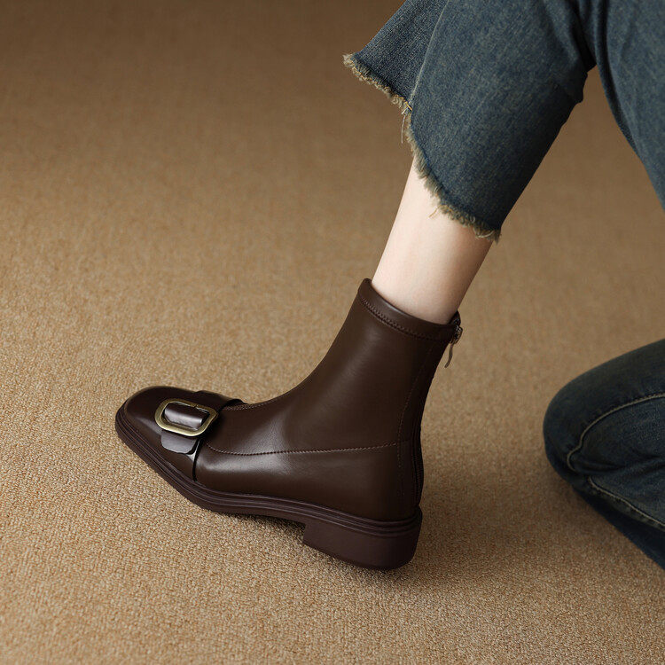 方头皮带扣装饰弹力瘦瘦靴女秋冬季英伦风时尚及踝靴百搭舒适短靴,女鞋,马丁靴,淘宝优惠券,粉丝福利购,淘宝优惠卷