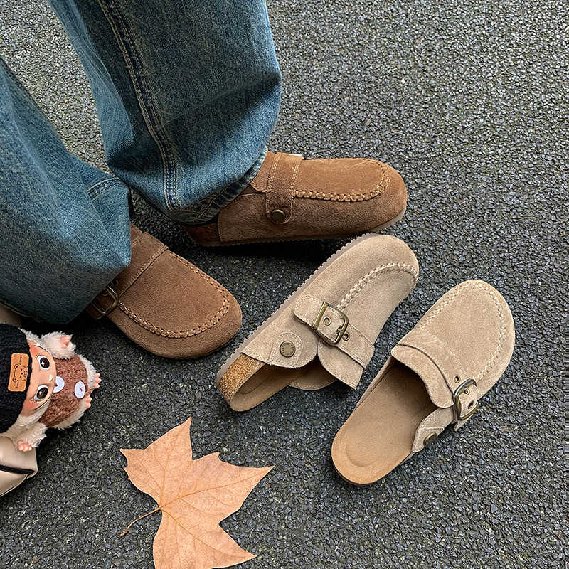 爆款休闲时尚复古软木拖厚底包头半拖鞋真皮舒适百搭懒人勃肯鞋女