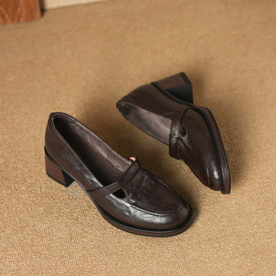 圆头高跟乐福鞋女2025冬季新款英伦风配裙子粗跟玛丽珍加绒小皮鞋