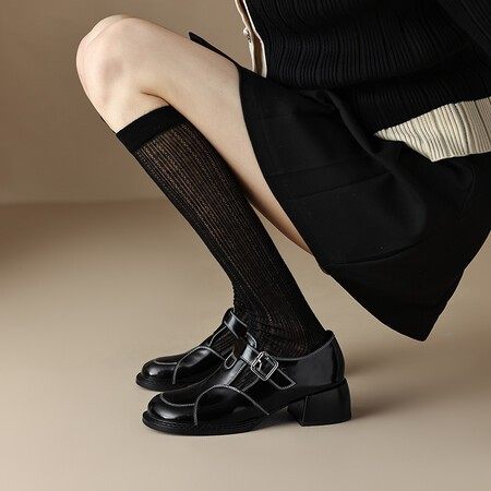 单鞋女2024年新款春秋真皮粗跟皮带扣小皮鞋显瘦jk日系高跟玛丽珍