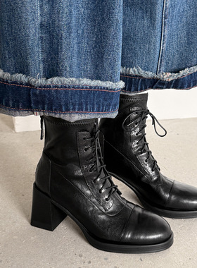 7.5cm小个子厚底高跟短靴2025新款弹力瘦瘦靴系带圆头粗跟马丁靴