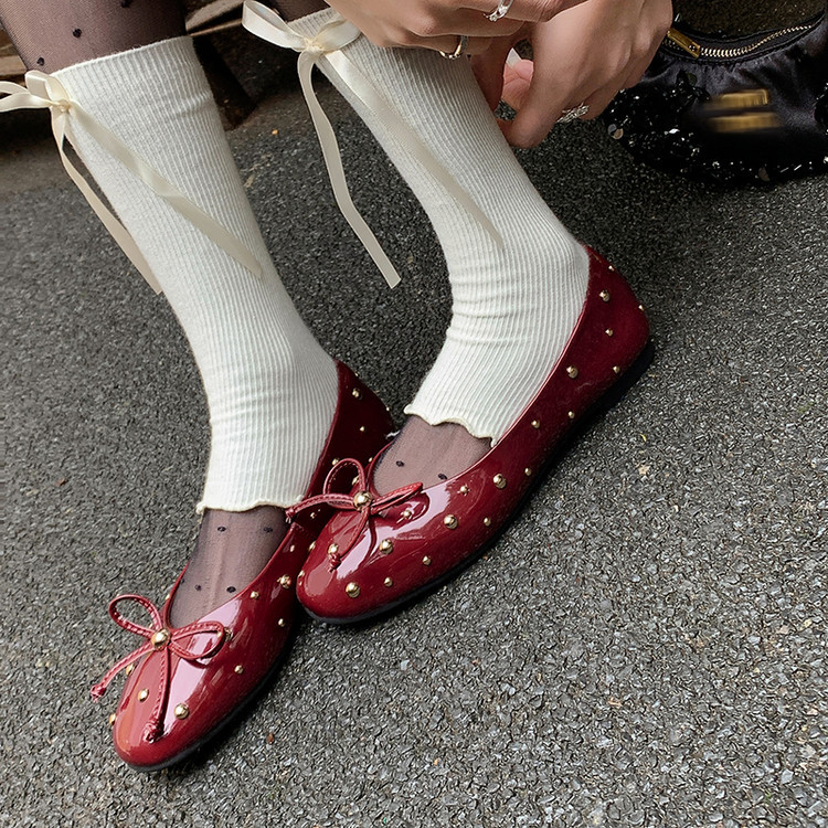软皮软底耙耙鞋芭蕾鞋法式复古铆钉蝴蝶结圆头平底一脚蹬小皮鞋女
