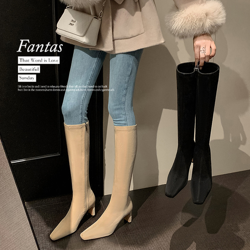 小个子不过膝高跟长靴弹力绒面瘦瘦靴方头粗跟大码卡其色长筒靴女