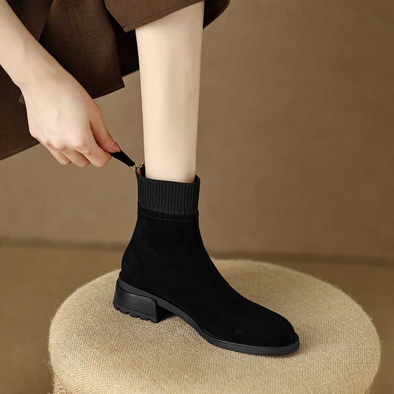 法式气质磨砂复古毛线针织袜靴拼接粗跟中跟显瘦短靴冬季靴子女款,女鞋,马丁靴,淘宝优惠券,粉丝福利购,淘宝优惠卷