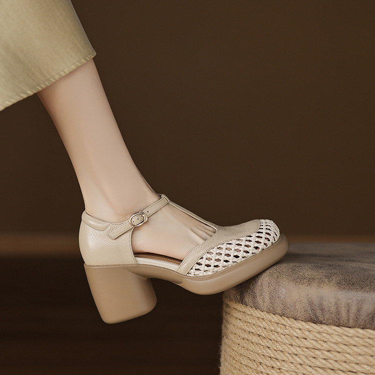 大码4041小众镂空编织拼接中空T字带厚底增高包头罗马凉鞋女夏季~