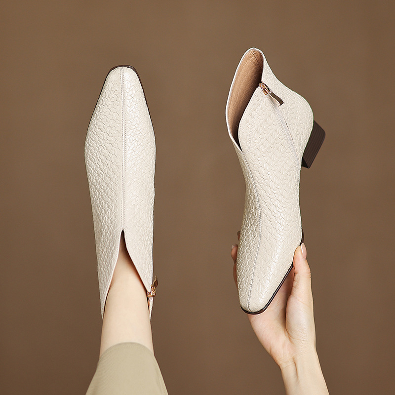 头层羊皮纯色方头靴子女春秋单靴粗跟低跟V口及踝靴百搭气质裸靴