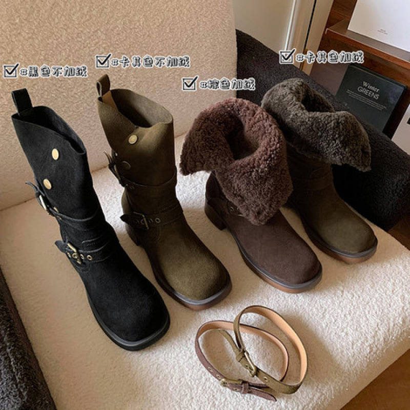 英伦风真皮厚底短靴女秋冬2025新款中筒靴子西部靴小个子牛仔靴女