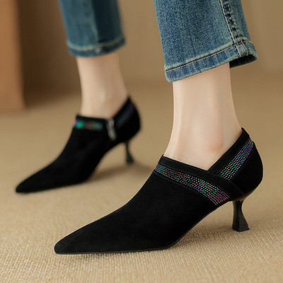 手工鞋~轻奢法式羊反皮真皮深口高跟裸靴女细跟尖头时尚气质单鞋