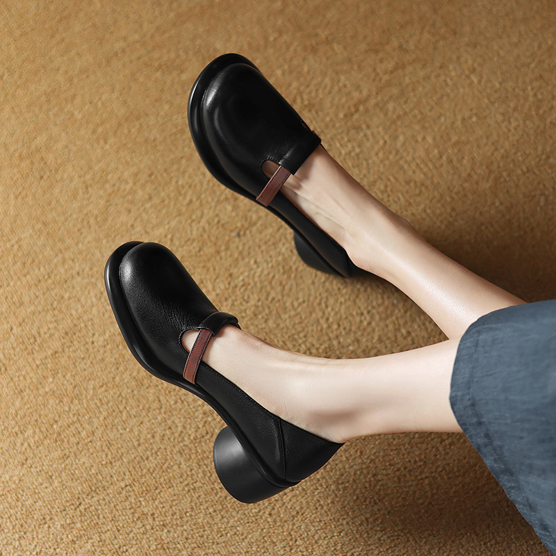 踩屎感真皮厚底小皮鞋女2024新款春秋圆头浅口单鞋粗跟中跟奶奶鞋