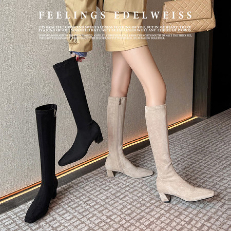 5cm高跟长筒靴子女秋冬季粗跟不过膝高筒靴女气质方头瘦瘦弹力靴