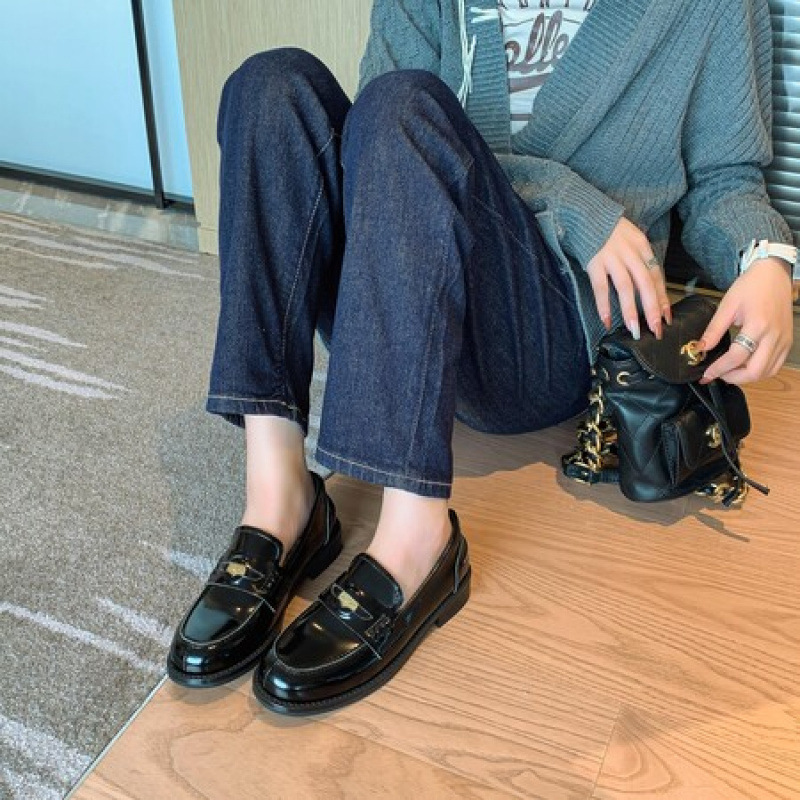 秋冬新款法式复古金币乐福鞋女圆头粗跟单鞋女一脚蹬小皮鞋英伦风