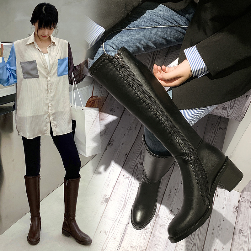 不过膝粗腿大筒围长靴女2023秋冬季新款显瘦真皮高筒长筒骑士靴子