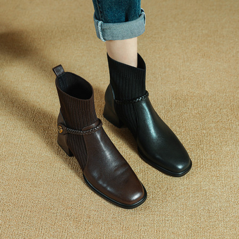 成都手工女鞋法式复古粗跟短靴女真皮方头弹力瘦瘦靴针织袜子靴