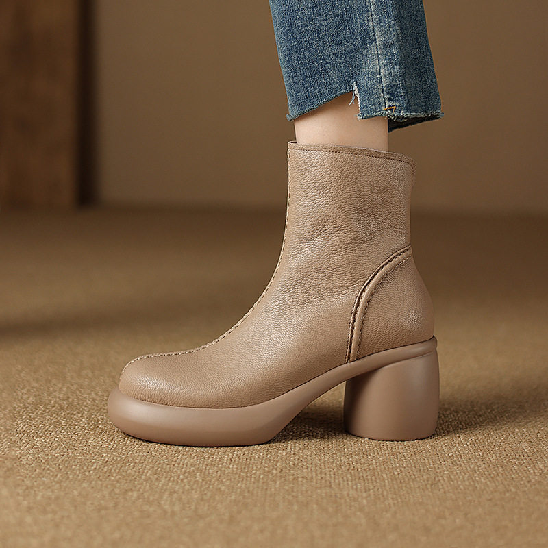 厚底小个子短靴女高跟真皮单靴秋冬新款加绒粗跟圆头防水台马丁靴,居家布艺,居家婚庆拖鞋,淘宝优惠券,粉丝福利购,淘宝优惠卷