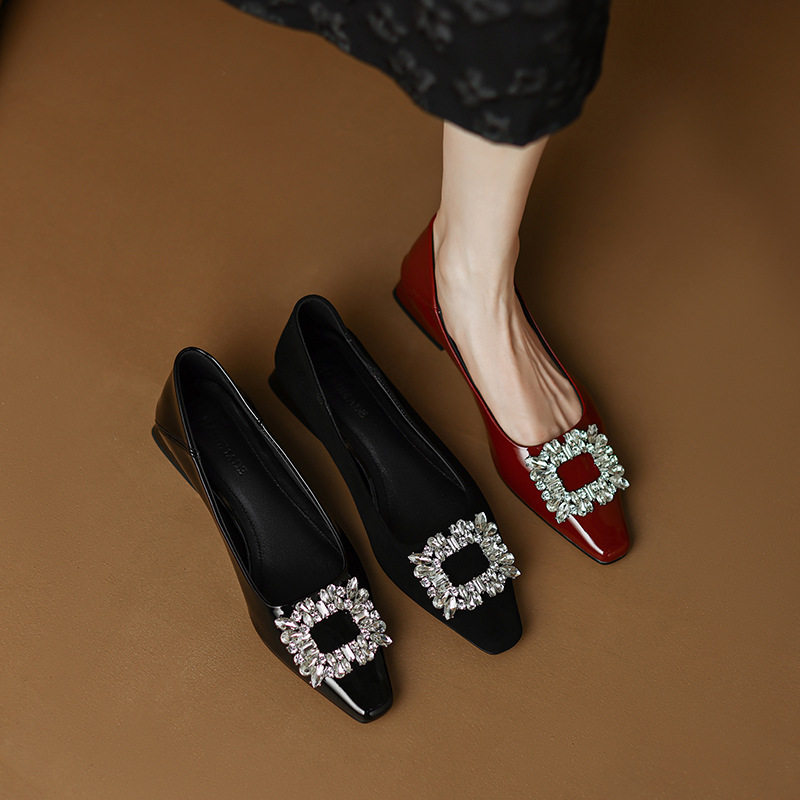 酒红色漆皮高跟鞋女方头平底浅口时尚方扣水砖单鞋低跟平底通勤鞋,女鞋,马丁靴,淘宝优惠券,粉丝福利购,淘宝优惠卷