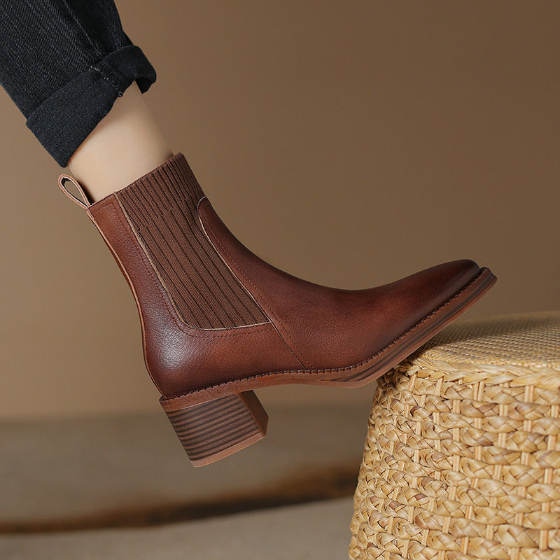 短靴女春秋单靴尖头中跟高跟靴粗跟真皮棕色毛线口切尔西靴袜靴女,女鞋,马丁靴,淘宝优惠券,粉丝福利购,淘宝优惠卷