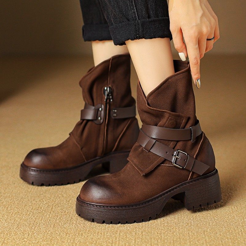 手工真皮擦色复古棕色羊皮厚底马丁靴女皮带扣粗跟西部牛仔靴短靴,运动/瑜伽/健身/球迷用品,广场舞鞋,淘宝优惠券,粉丝福利购,淘宝优惠卷