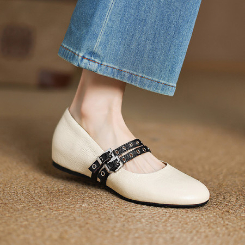 法式复古玛丽珍鞋女2025新款一字扣小皮鞋浅口单鞋女真皮平底鞋