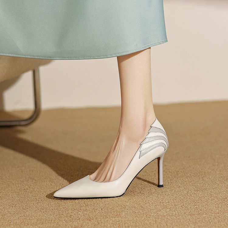 单鞋女真皮春季浅口高跟鞋尖头细跟女鞋气质名媛小皮鞋法式小众款