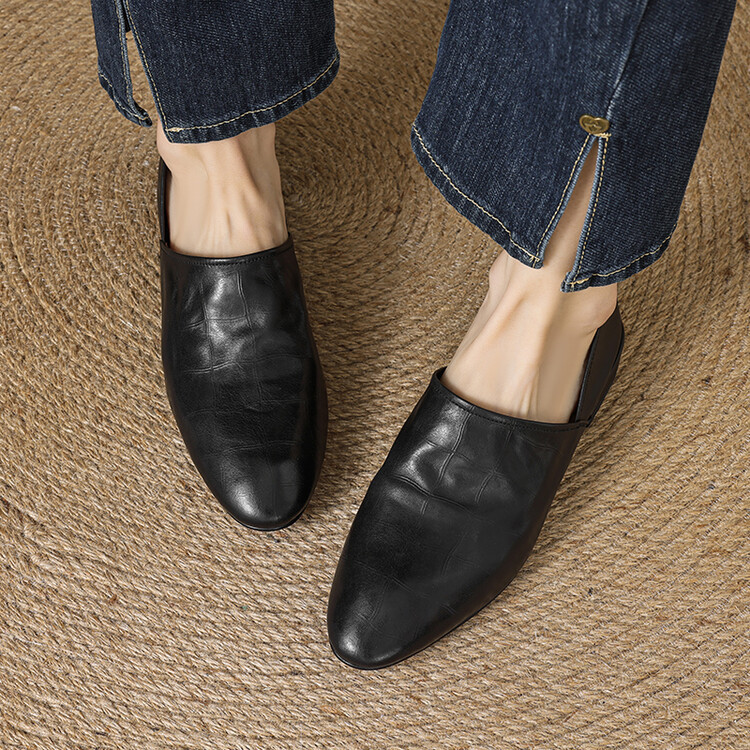 法式复古懒人乐福鞋女春秋简约真皮粗跟深口单鞋一脚蹬低跟小皮鞋