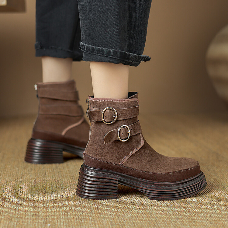 增高厚底马丁靴女2024年新款皮带扣粗跟真皮短靴松糕底百搭时装靴
