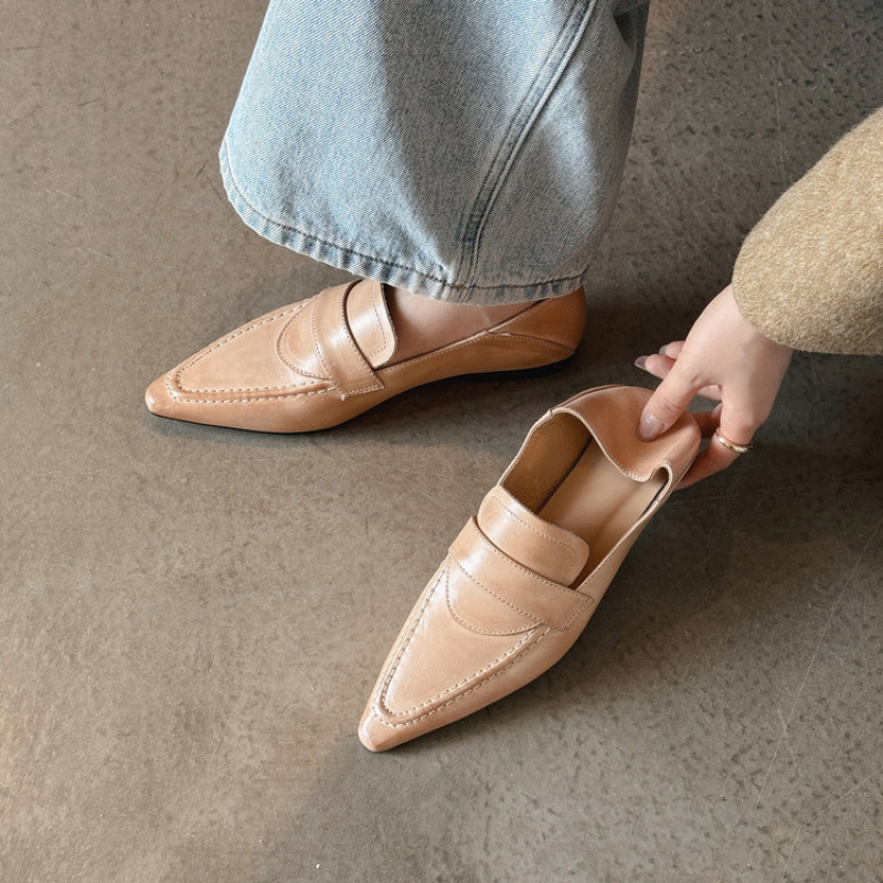 大码女鞋40法式真皮尖头平底单鞋女英伦低跟小皮鞋软皮乐福鞋