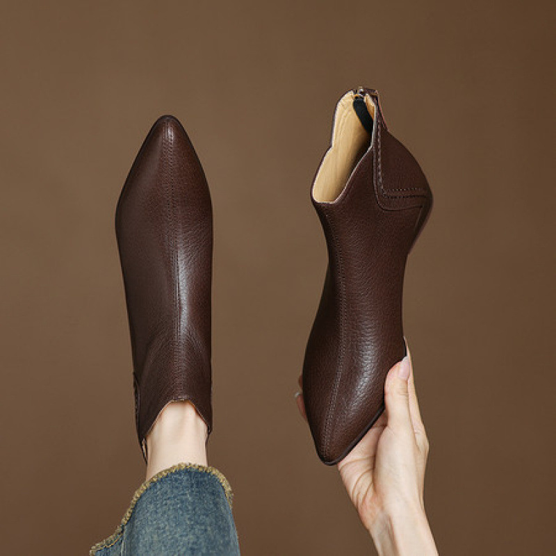 3cm粗跟复古棕色羊皮短靴女秋冬款尖头靴子小踝靴平底加绒马丁靴