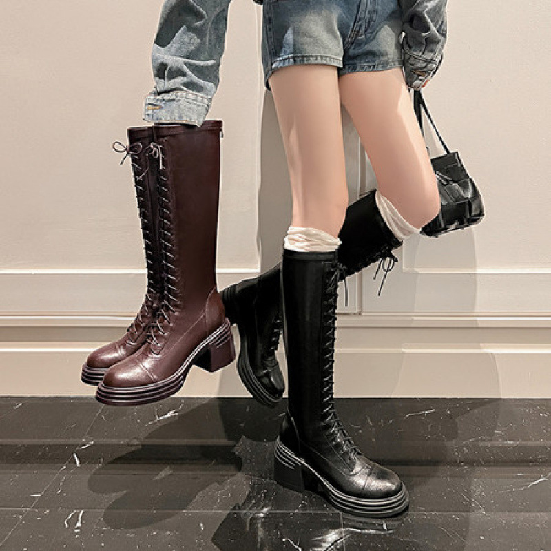 长筒靴子女秋超火巨好看正流行不过膝弹力显瘦瘦黑色马丁靴小个子