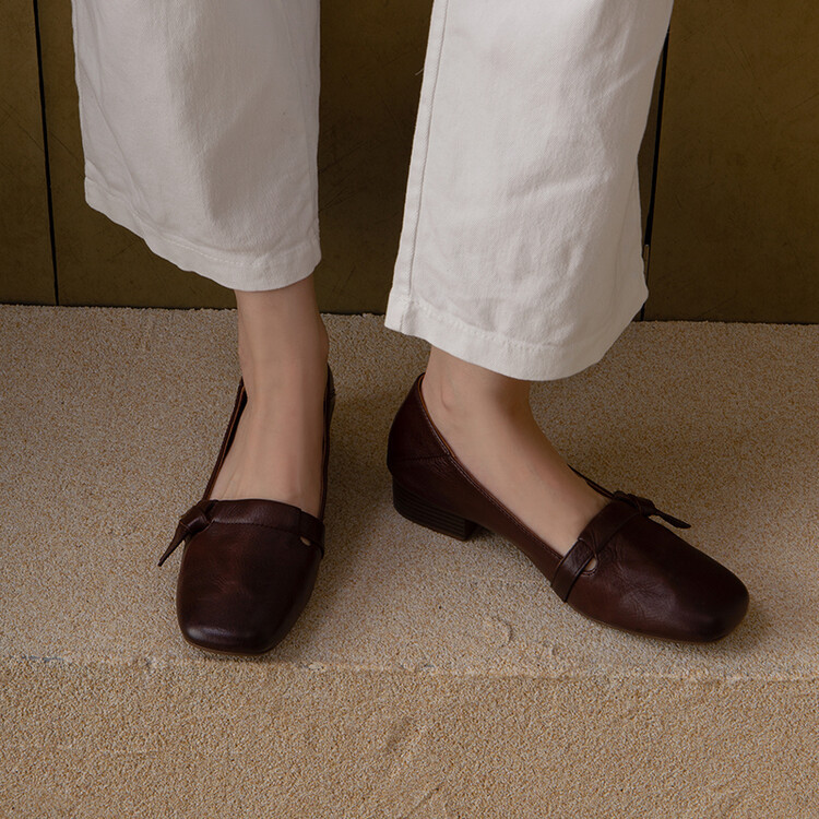 水洗头层牛皮复古低跟小皮鞋女2024新款方头浅口单鞋法式奶奶鞋秋
