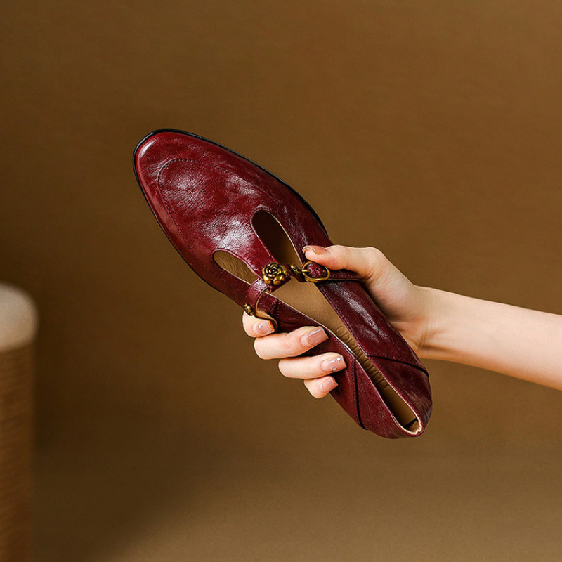 羊皮版2025新款法式复古山茶花T字带玛丽珍鞋女3cm粗跟中跟小皮鞋