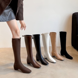 2025秋冬新款时尚百搭法式简约方头弹力瘦瘦靴内增高气质不过膝靴