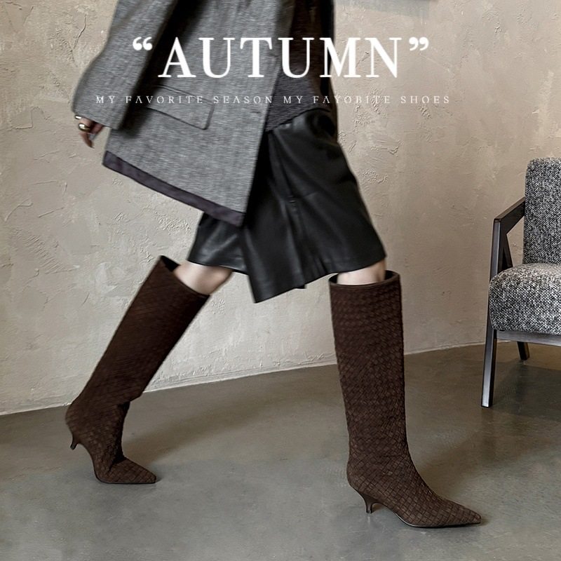 真皮编织猫跟气质及膝靴女2025新复古尖头欧美风过膝长筒靴,运动/瑜伽/健身/球迷用品,广场舞鞋,淘宝优惠券,粉丝福利购,淘宝优惠卷