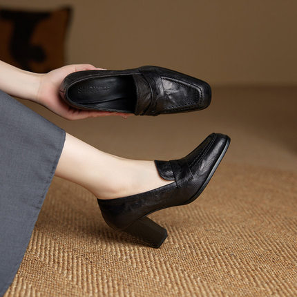 7cm~复古羊皮方头粗跟单鞋女2025秋季新款真皮高跟鞋一脚蹬乐福鞋