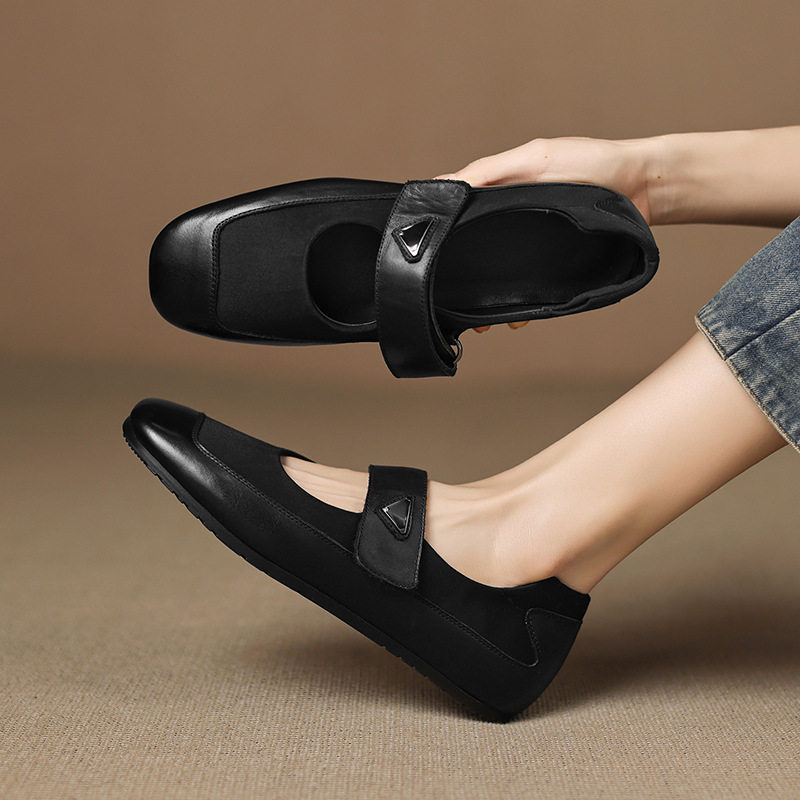 法式复古方头玛丽珍鞋女魔术贴休闲真皮芭蕾舞鞋超软平底浅口单鞋