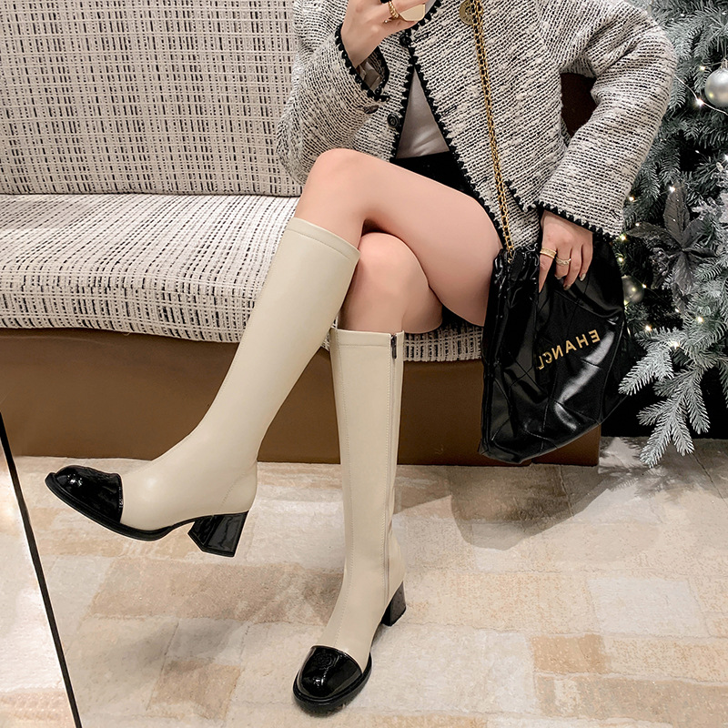 山茶花长筒靴女小香风拼色瘦瘦靴骑士靴真皮粗跟圆头弹力不过膝