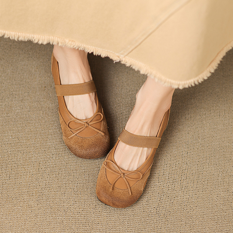 美拉德复古圆头内增高浅口单鞋芭蕾风蝴蝶结松紧带玛丽珍小皮鞋女