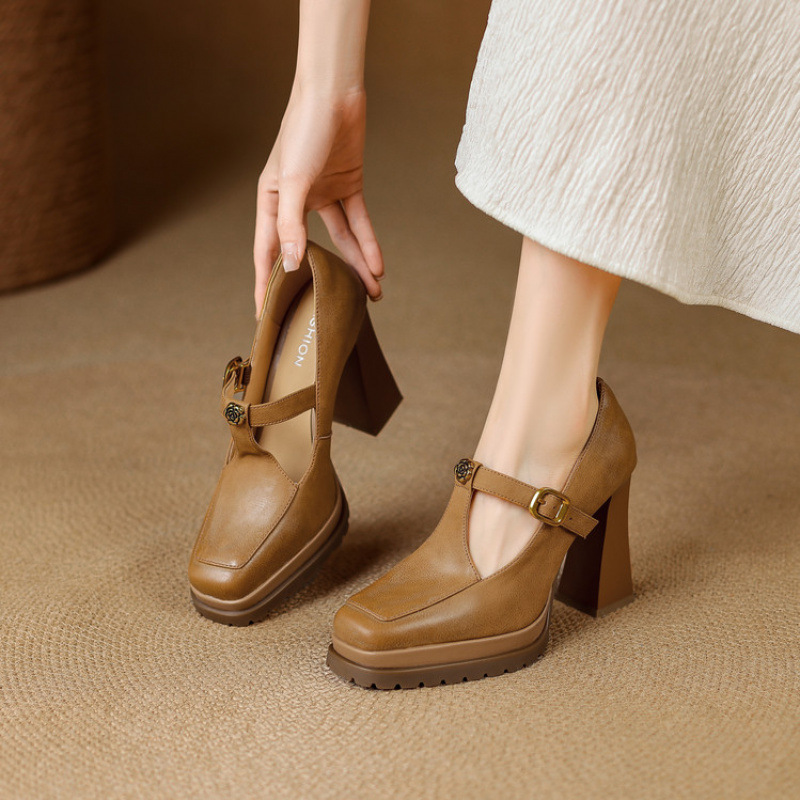 复古防水台高跟鞋女粗跟不累脚真皮女士方头一字带浅口玛丽珍单鞋