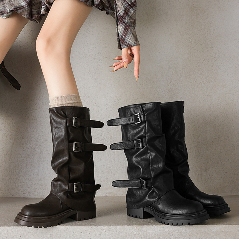 时尚百搭朋克风真皮皮带扣圆头裤管靴厚底中筒靴子秋冬新款骑士靴