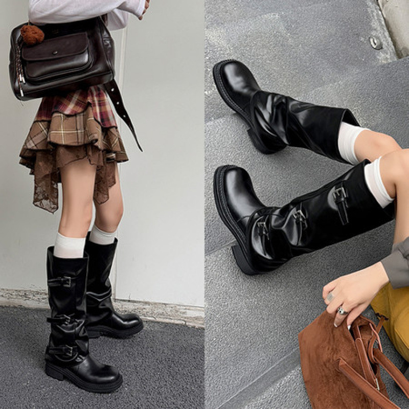 4cm增高厚底裤管靴女秋季骑士靴子女长筒靴粗跟扣带高筒堆堆靴
